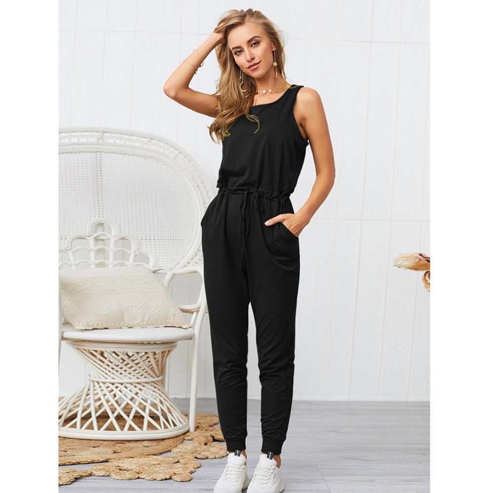 Black Casual Jumpsuit Drawstring Waist - Picture 3 of 10
